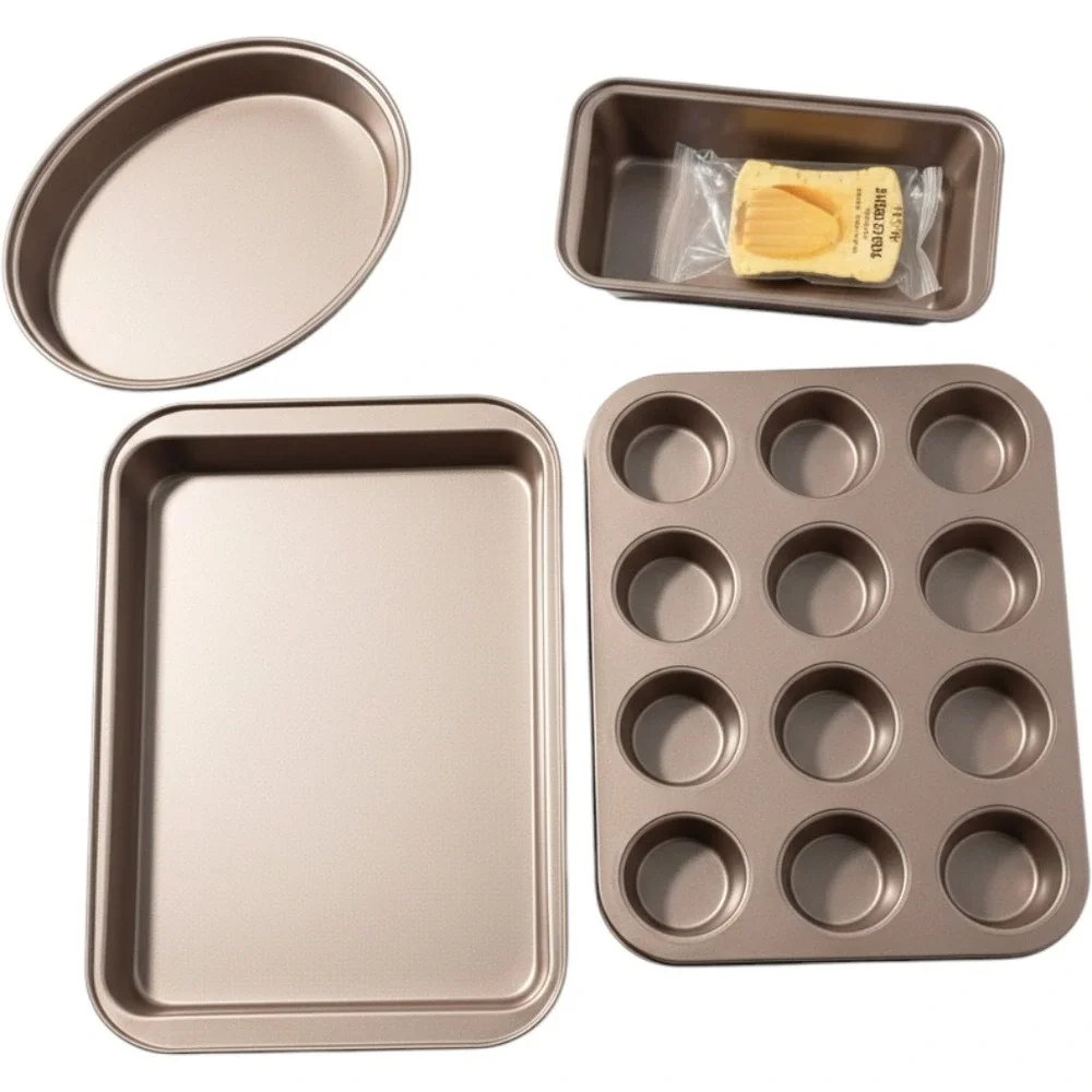 Gold Carbon Steel Bakeware Set 4 Piece Muffin Sheet Round Loaf Pan Champagne N3